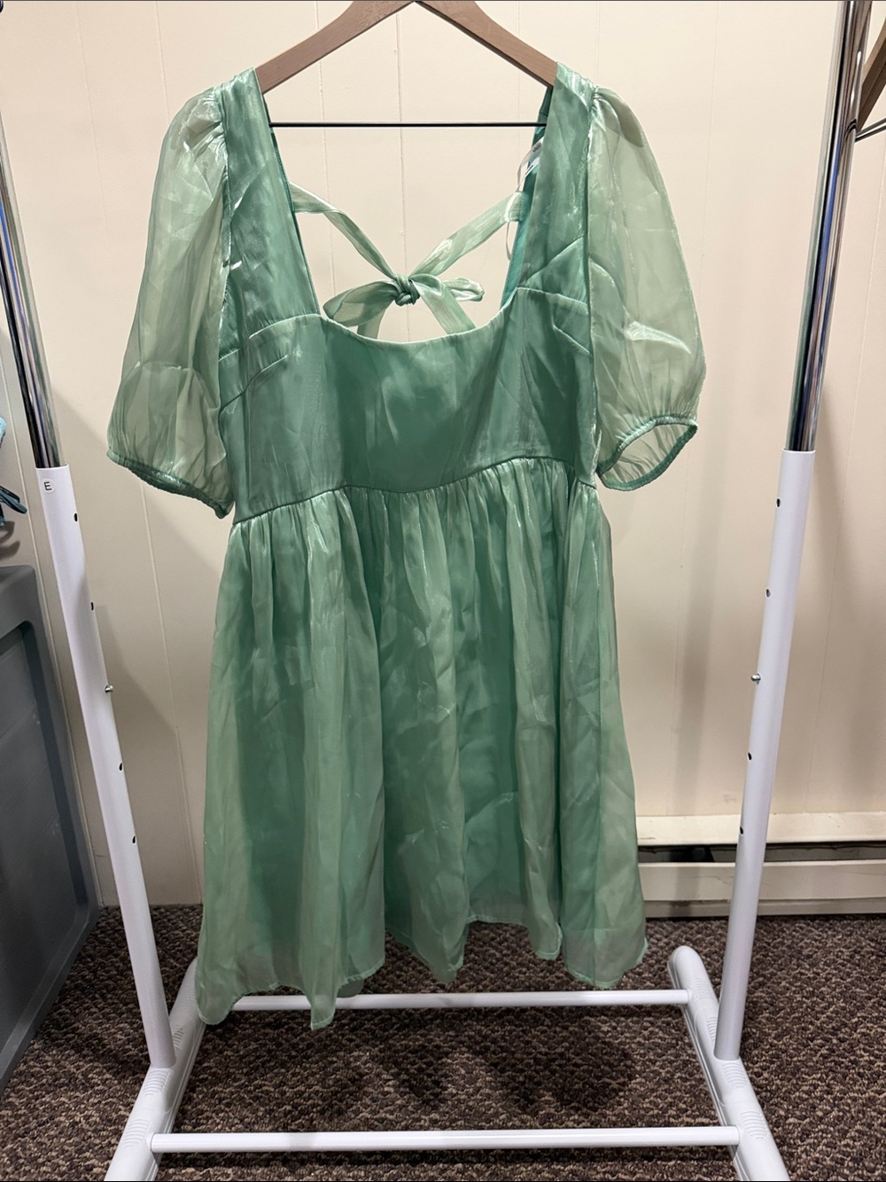 ARULA Mint Green Sheer Puff-Sleeve Tie-Back Dress